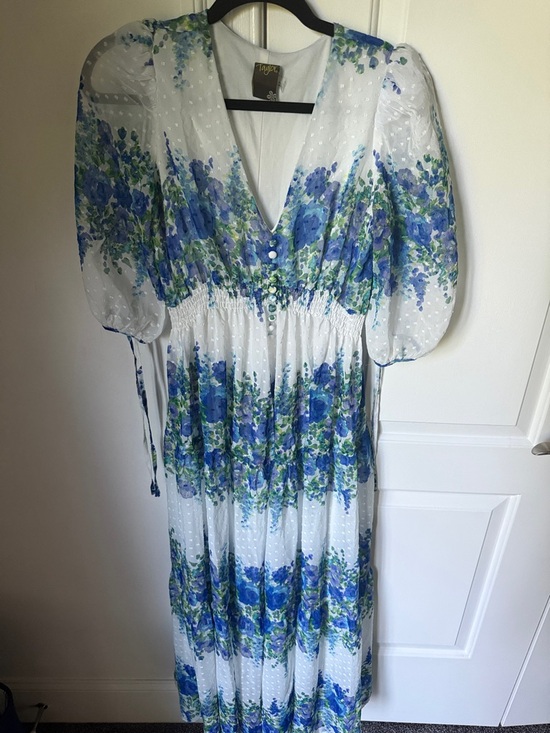 Taylor Dresses & Skirts - Taylor White Maxi Dress with Blue & Green Floral Print